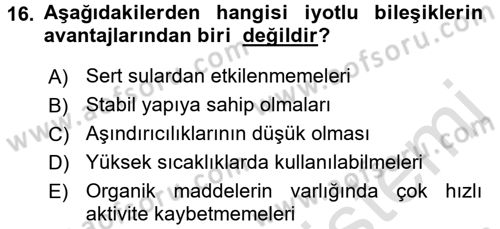 Hijyen ve Sanitasyon Dersi 2015 - 2016 Yılı (Final) Dönem Sonu Sınav Soruları 16. Soru