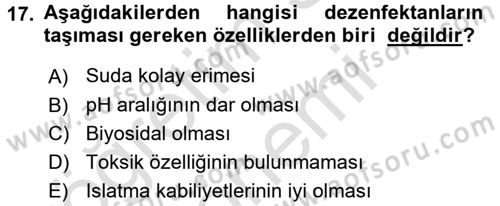 Hijyen ve Sanitasyon Dersi 2015 - 2016 Yılı (Final) Dönem Sonu Sınav Soruları 17. Soru
