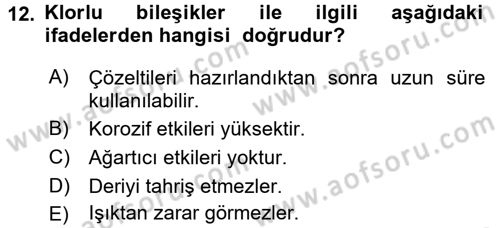 Hijyen ve Sanitasyon Dersi 2015 - 2016 Yılı Tek Ders Sınav Soruları 12. Soru