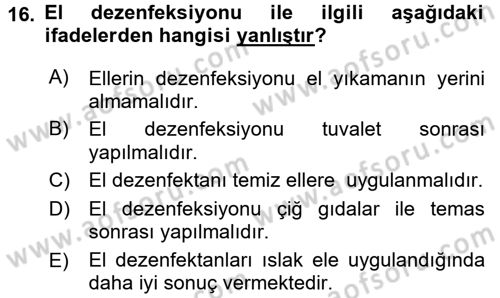 Hijyen ve Sanitasyon Dersi 2015 - 2016 Yılı Tek Ders Sınav Soruları 16. Soru