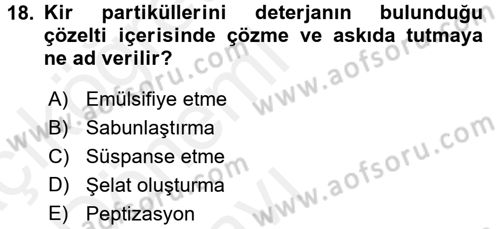 Hijyen ve Sanitasyon Dersi 2015 - 2016 Yılı Tek Ders Sınav Soruları 18. Soru