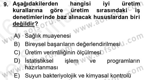 Hijyen ve Sanitasyon Dersi 2015 - 2016 Yılı Tek Ders Sınav Soruları 9. Soru