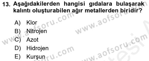 Hijyen ve Sanitasyon Dersi 2017 - 2018 Yılı 3 Ders Sınav Soruları 13. Soru