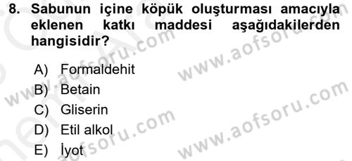 Hijyen ve Sanitasyon Dersi 2017 - 2018 Yılı (Vize) Ara Sınav Soruları 8. Soru