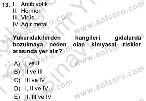 Hijyen ve Sanitasyon Dersi 2020 - 2021 Yılı Yaz Okulu Sınav Soruları 13. Soru