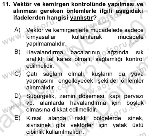 Hijyen ve Sanitasyon Dersi 2021 - 2022 Yılı (Final) Dönem Sonu Sınav Soruları 11. Soru