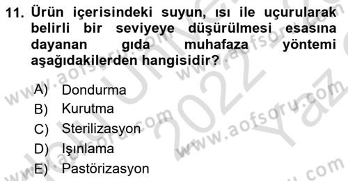 Hijyen ve Sanitasyon Dersi 2022 - 2023 Yılı Yaz Okulu Sınav Soruları 11. Soru