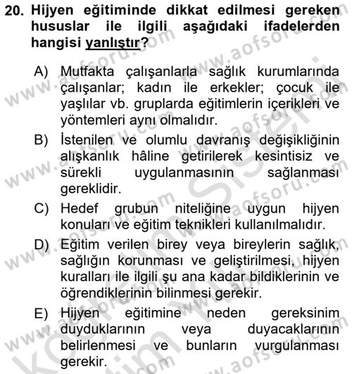 Hijyen ve Sanitasyon Dersi 2022 - 2023 Yılı Yaz Okulu Sınav Soruları 20. Soru