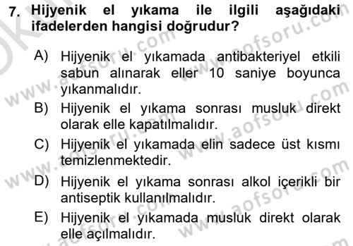Hijyen ve Sanitasyon Dersi 2023 - 2024 Yılı Yaz Okulu Sınav Soruları 7. Soru