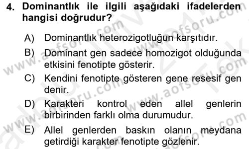 Temel Veteriner Genetik Dersi 2015 - 2016 Yılı Tek Ders Sınav Soruları 4. Soru