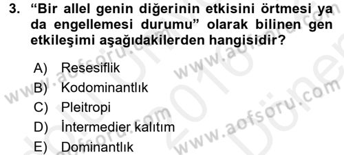 Temel Veteriner Genetik Dersi 2016 - 2017 Yılı (Final) Dönem Sonu Sınav Soruları 3. Soru