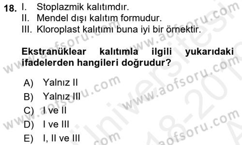 Temel Veteriner Genetik Dersi Ara Sınavı Deneme Sınav Soruları 18. Soru