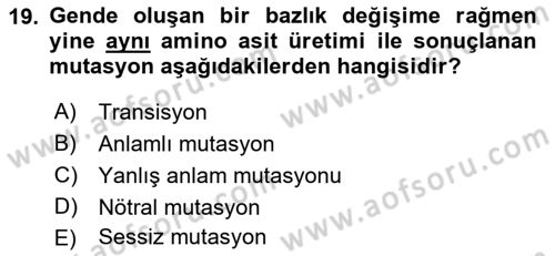 Temel Veteriner Genetik Dersi 2018 - 2019 Yılı (Final) Dönem Sonu Sınav Soruları 19. Soru