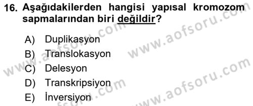 Temel Veteriner Genetik Dersi 2018 - 2019 Yılı Yaz Okulu Sınav Soruları 16. Soru
