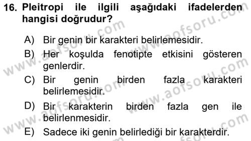 Temel Veteriner Genetik Dersi Ara Sınavı Deneme Sınav Soruları 16. Soru