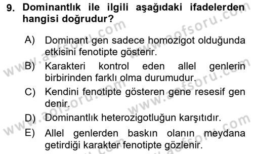 Temel Veteriner Genetik Dersi 2019 - 2020 Yılı (Vize) Ara Sınav Soruları 9. Soru