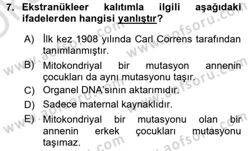Temel Veteriner Genetik Dersi 2020 - 2021 Yılı Yaz Okulu Sınav Soruları 7. Soru