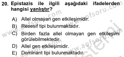 Temel Veteriner Genetik Dersi Ara Sınavı Deneme Sınav Soruları 20. Soru