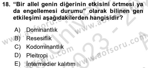 Temel Veteriner Genetik Dersi Ara Sınavı Deneme Sınav Soruları 18. Soru