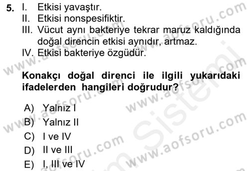 Temel Veteriner Mikrobiyoloji ve İmmünoloji Dersi 2017 - 2018 Yılı (Vize) Ara Sınav Soruları 5. Soru