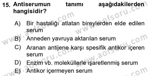 Temel Veteriner Mikrobiyoloji ve İmmünoloji Dersi 2017 - 2018 Yılı (Final) Dönem Sonu Sınav Soruları 15. Soru