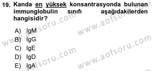 Temel Veteriner Mikrobiyoloji ve İmmünoloji Dersi 2018 - 2019 Yılı (Final) Dönem Sonu Sınav Soruları 19. Soru