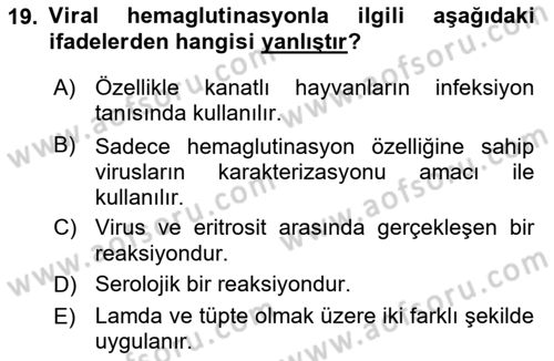 Temel Veteriner Mikrobiyoloji ve İmmünoloji Dersi 2020 - 2021 Yılı Yaz Okulu Sınavı 19. Soru