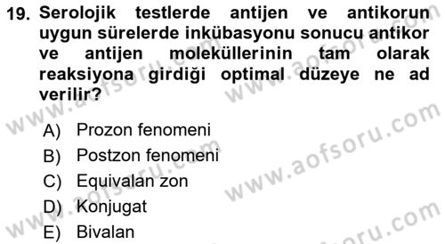 Temel Veteriner Mikrobiyoloji ve İmmünoloji Dersi 2021 - 2022 Yılı Yaz Okulu Sınav Soruları 19. Soru