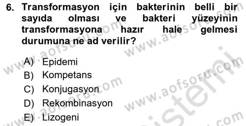 Temel Veteriner Mikrobiyoloji ve İmmünoloji Dersi 2023 - 2024 Yılı (Vize) Ara Sınav Soruları 6. Soru