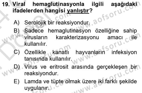 Temel Veteriner Mikrobiyoloji ve İmmünoloji Dersi 2023 - 2024 Yılı (Final) Dönem Sonu Sınav Soruları 19. Soru