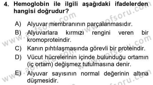 Temel Veteriner Fizyoloji Dersi 2016 - 2017 Yılı 3 Ders Sınav Soruları 4. Soru