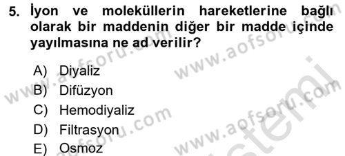 Temel Veteriner Fizyoloji Dersi 2016 - 2017 Yılı (Vize) Ara Sınavı 5. Soru