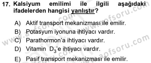Temel Veteriner Fizyoloji Dersi 2017 - 2018 Yılı 3 Ders Sınav Soruları 17. Soru