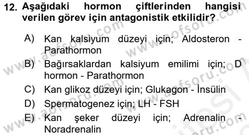 Temel Veteriner Fizyoloji Dersi 2017 - 2018 Yılı (Final) Dönem Sonu Sınav Soruları 12. Soru