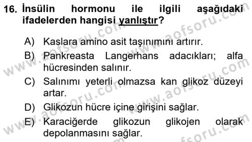 Temel Veteriner Fizyoloji Dersi 2018 - 2019 Yılı 3 Ders Sınav Soruları 16. Soru