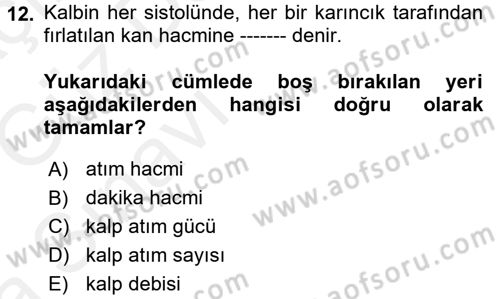 Temel Veteriner Fizyoloji Dersi 2018 - 2019 Yılı (Vize) Ara Sınav Soruları 12. Soru