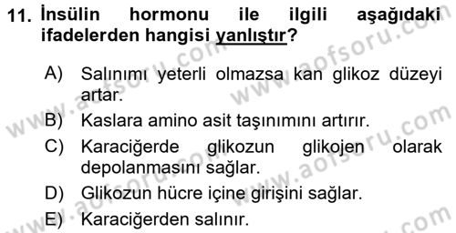 Temel Veteriner Fizyoloji Dersi 2018 - 2019 Yılı (Final) Dönem Sonu Sınavı 11. Soru