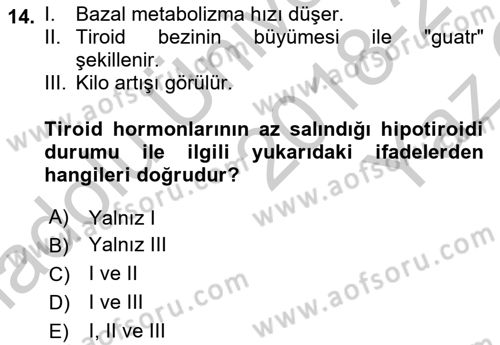 Temel Veteriner Fizyoloji Dersi 2018 - 2019 Yılı Yaz Okulu Sınav Soruları 14. Soru