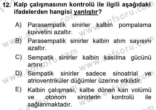 Temel Veteriner Fizyoloji Dersi 2019 - 2020 Yılı (Vize) Ara Sınav Soruları 12. Soru
