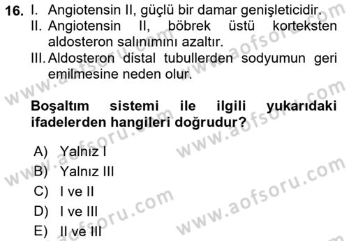 Temel Veteriner Fizyoloji Dersi 2019 - 2020 Yılı (Vize) Ara Sınavı 16. Soru