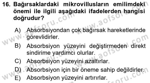 Temel Veteriner Fizyoloji Dersi 2019 - 2020 Yılı (Final) Dönem Sonu Sınavı 16. Soru