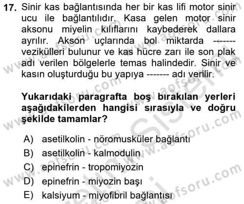 Temel Veteriner Fizyoloji Dersi 2019 - 2020 Yılı (Final) Dönem Sonu Sınavı 17. Soru