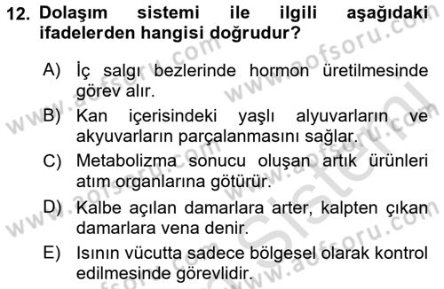 Temel Veteriner Fizyoloji Dersi 2021 - 2022 Yılı (Vize) Ara Sınav Soruları 12. Soru