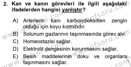 Temel Veteriner Fizyoloji Dersi 2021 - 2022 Yılı (Final) Dönem Sonu Sınavı 2. Soru