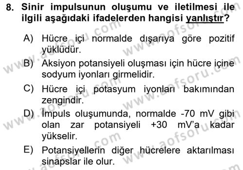 Temel Veteriner Fizyoloji Dersi 2021 - 2022 Yılı (Final) Dönem Sonu Sınav Soruları 8. Soru