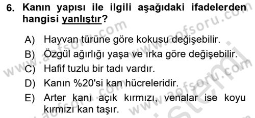 Temel Veteriner Fizyoloji Dersi 2021 - 2022 Yılı Yaz Okulu Sınavı 6. Soru