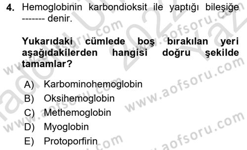 Temel Veteriner Fizyoloji Dersi 2022 - 2023 Yılı Yaz Okulu Sınavı 4. Soru