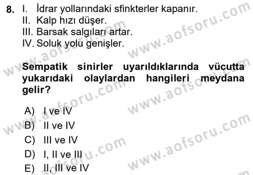 Temel Veteriner Fizyoloji Dersi 2023 - 2024 Yılı (Final) Dönem Sonu Sınav Soruları 8. Soru