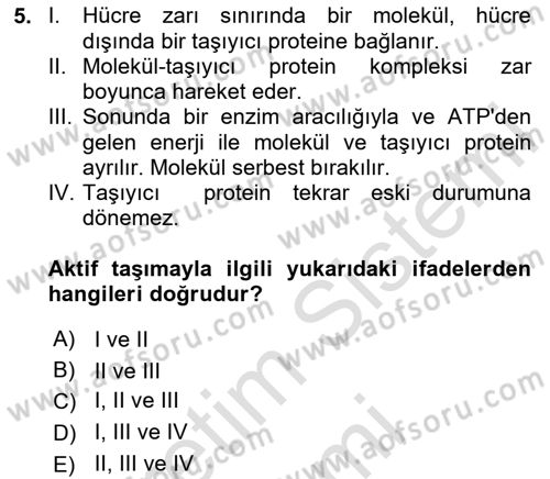 Temel Veteriner Fizyoloji Dersi 2024 - 2025 Yılı (Vize) Ara Sınav Soruları 5. Soru