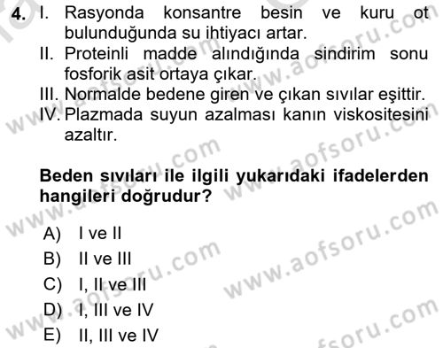 Temel Veteriner Fizyoloji Dersi 2025 - 2026 Yılı (Vize) Ara Sınav Soruları 4. Soru